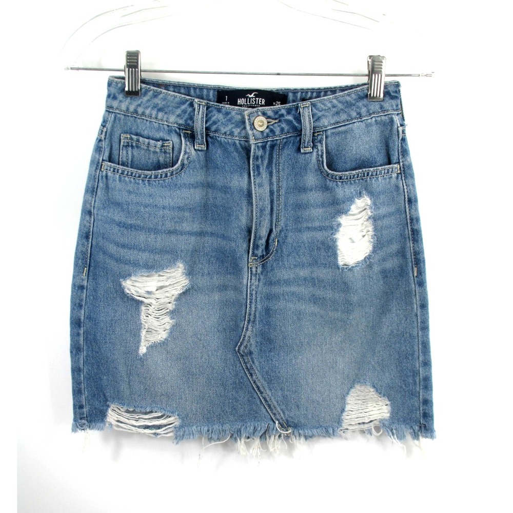 Hollister Midi Jean Skirt Womens 25 Blue Denim Distressed Raw Hem High Rise
